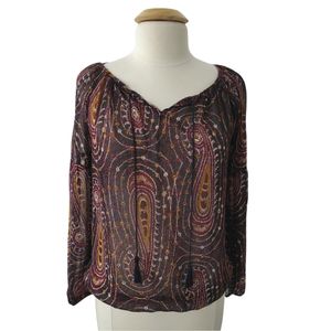 Lucky Brand Paisley Peasant Top Sheer Stretch Hem Long Sleeve Purple Medium